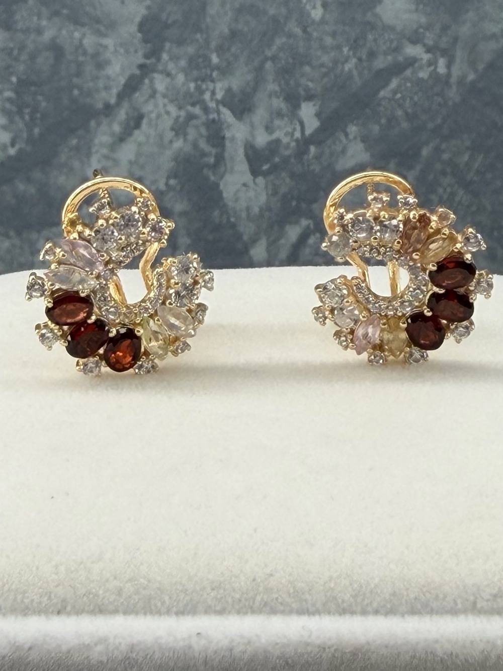 Natural Red Garnet Champagne Sapphire & Zircon Rose Gold Lever back Earrings